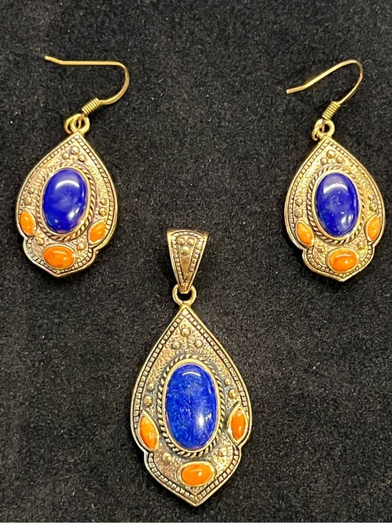 Jewelry - Vintage Brass Lapis Earring and Pendant Set